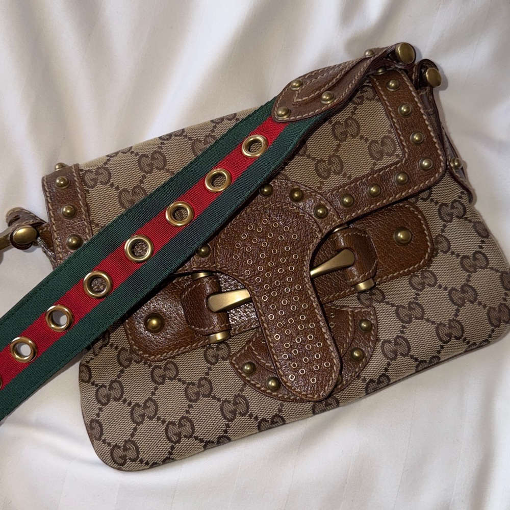 ‼️Vintage Gucci Pelham Runway Studded GG Monogram Striped Strap Shoulder Bag - Picture 12 of 16